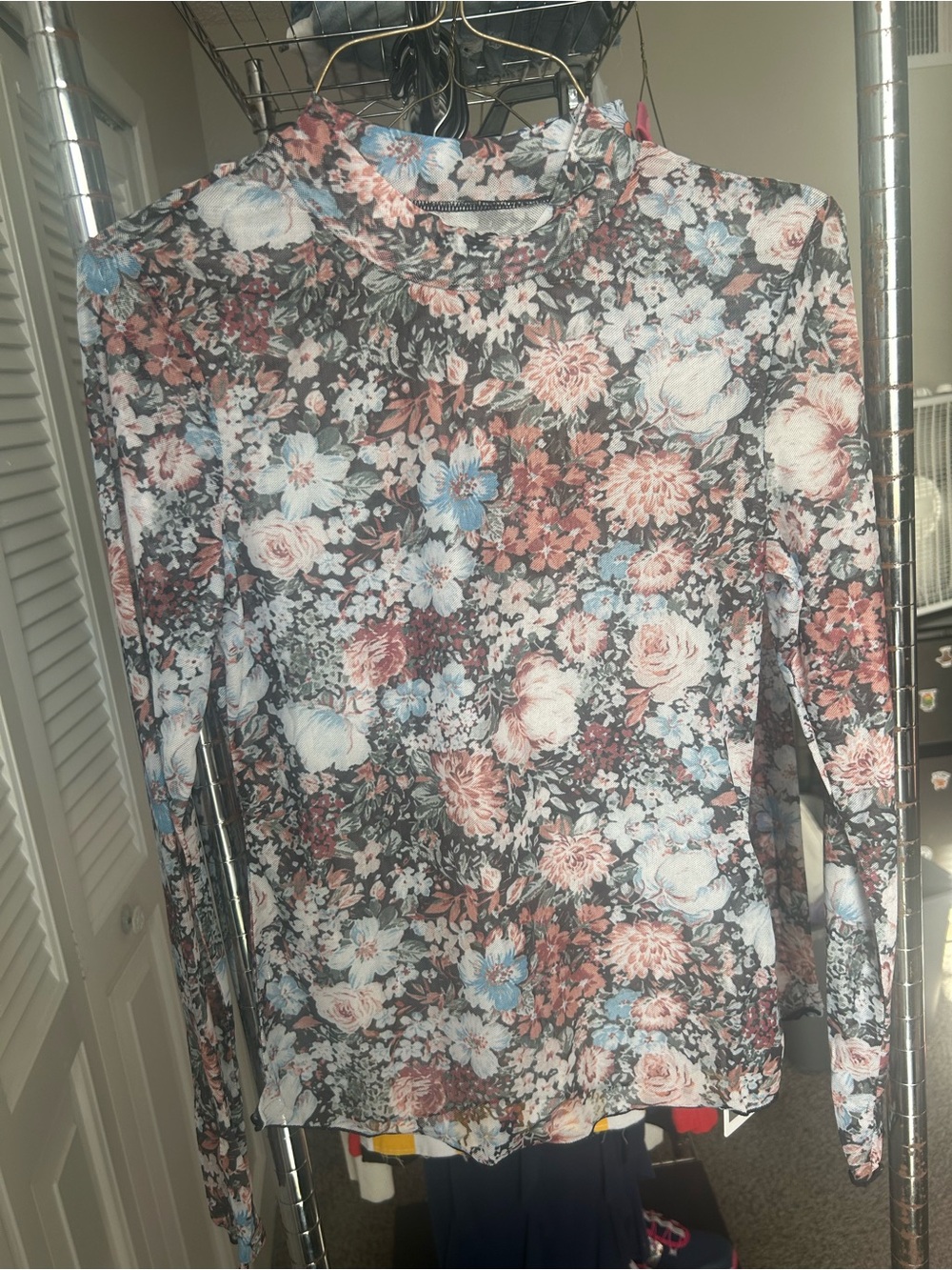 Floral Mock Neck Long-Sleeve Mesh Top in Multi-Color